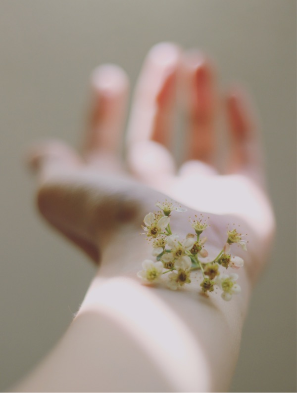 Blüten auf dem Handgelenk eines ausgestreckten Frauenarmes